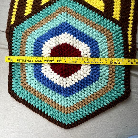 3 Handmade Brown Yellow Blue Multi-Color Crochet Hexagon Afghan Area Chair Rugs - Picture 7 of 8